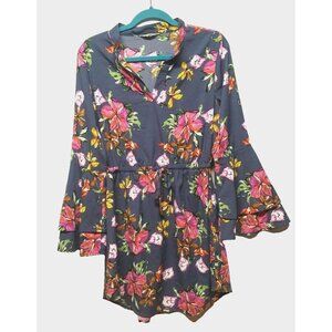 Hint of Blush Boho Floral Dress short Blue Pink long sleeves bell elastic waist